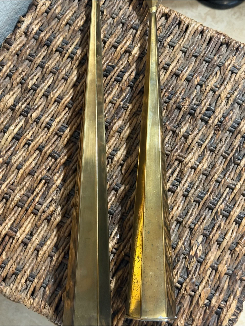 Vintage Mid Century Mexican Candlesticks 19.5 & 15” Brass Tin Pair Weighted Sand
